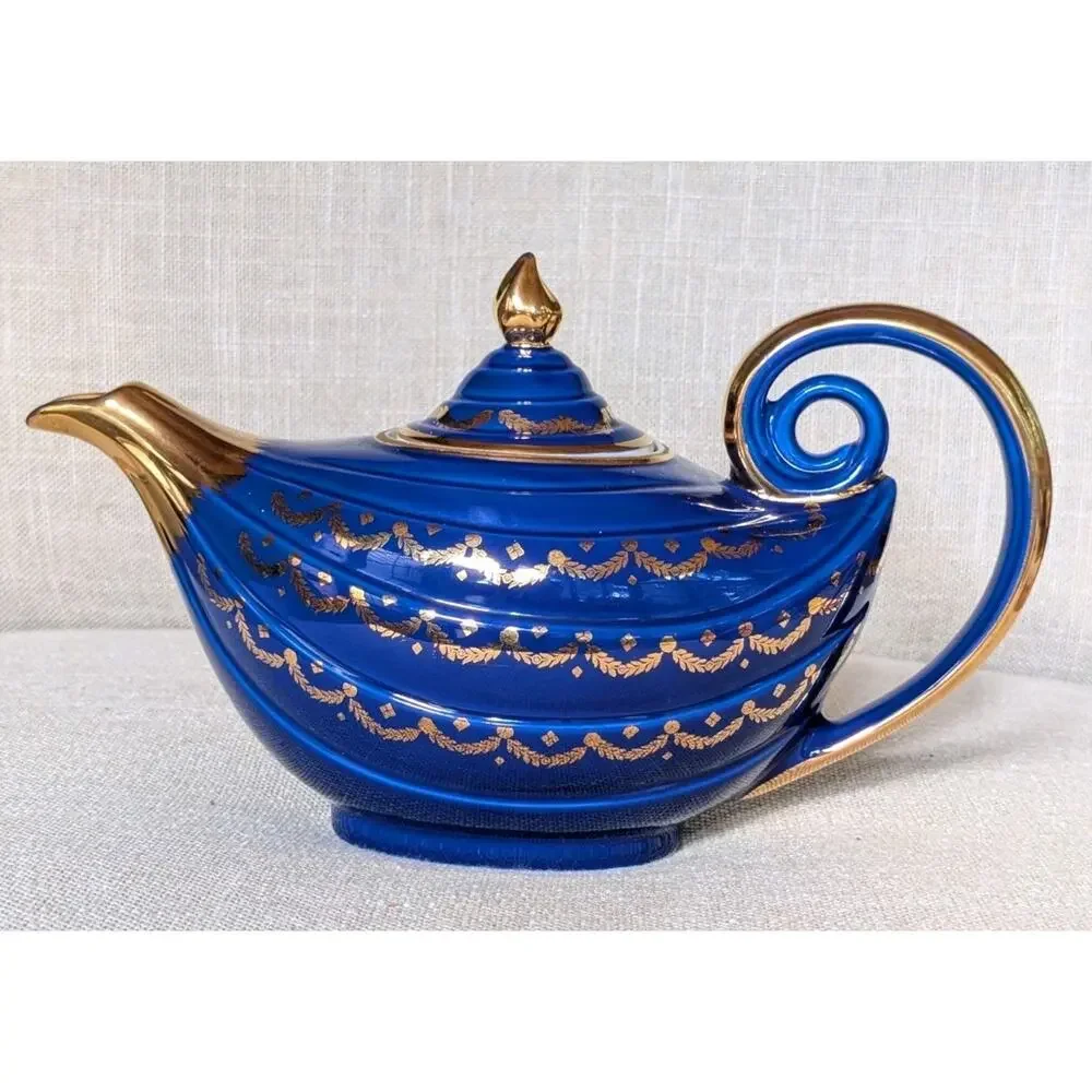 Hall China MCM Marine Blue Aladdin Teapot With Gold Trim and Lid 1950s